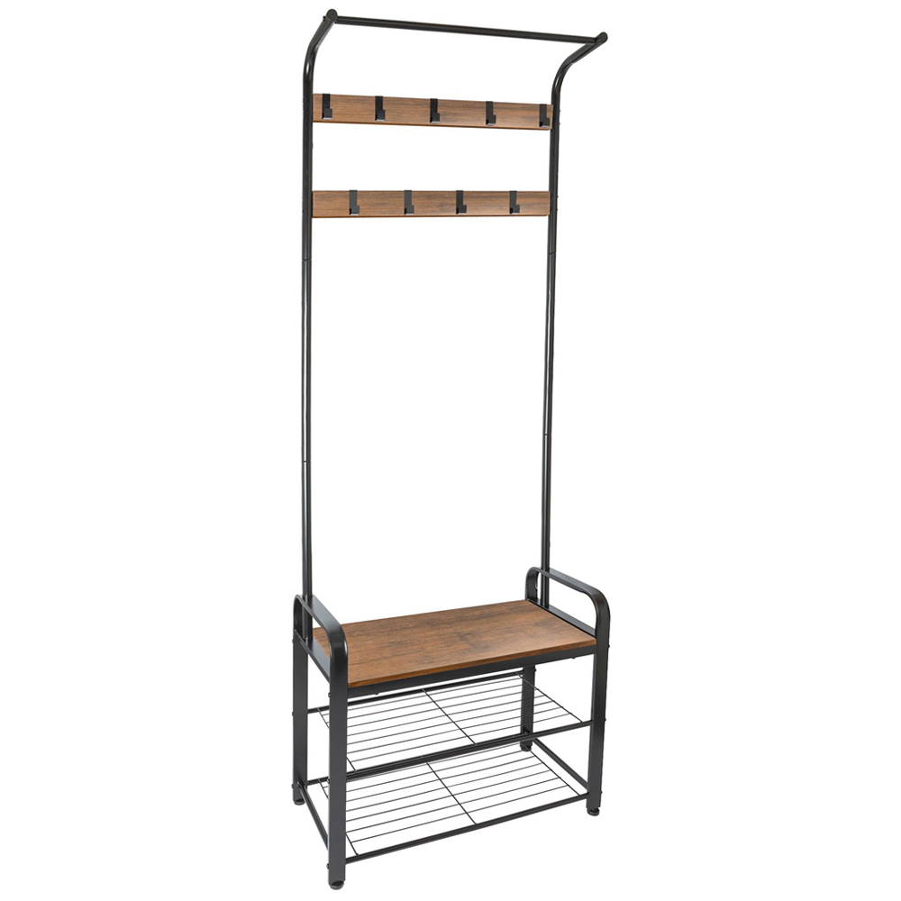 Harbour Housewares 2 Shelf 9 Hook Black and Brown Curved Steel Coat Rack with Shoe Storage Bench Image 2