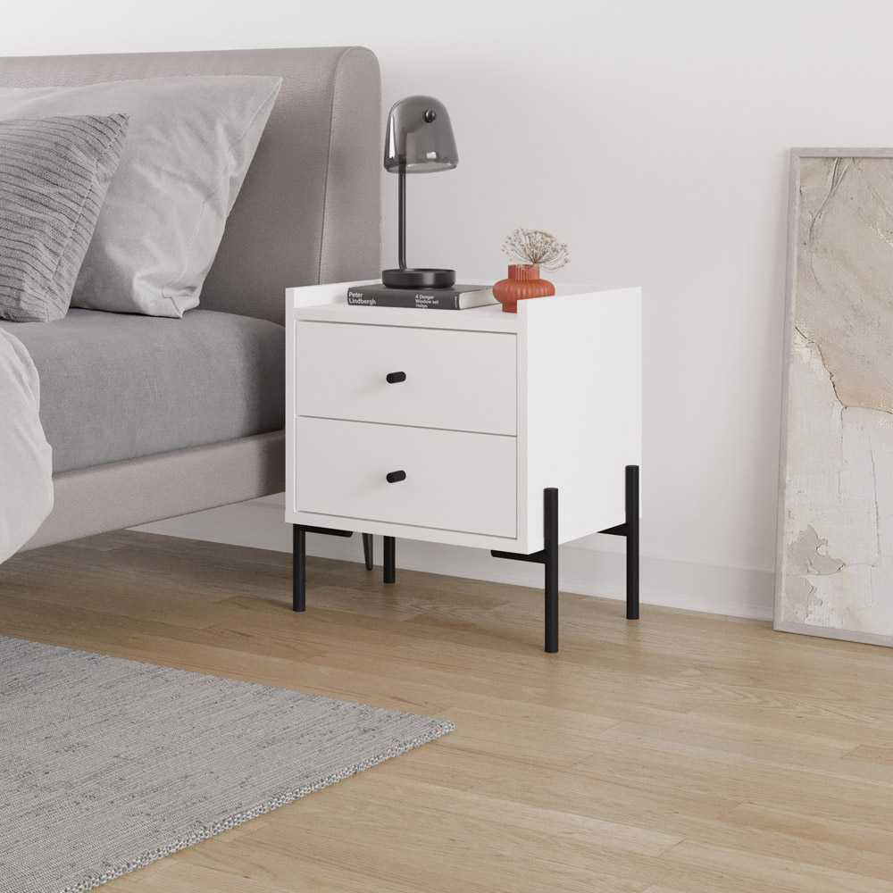 Decortie Malta 2 Drawer White and Black Metal Leg Bedside Table Image 4