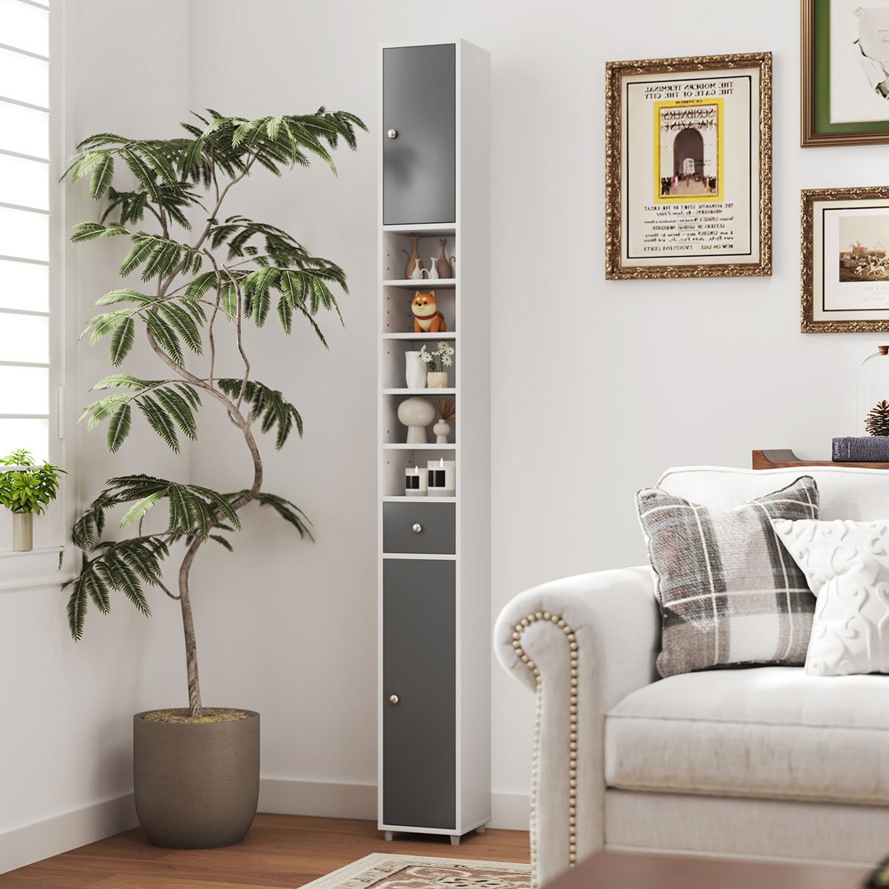 Costway Single Drawer 2 Door 5 Shelf Grey and White Tall Freestanding Bathroom Cabinet Image 4