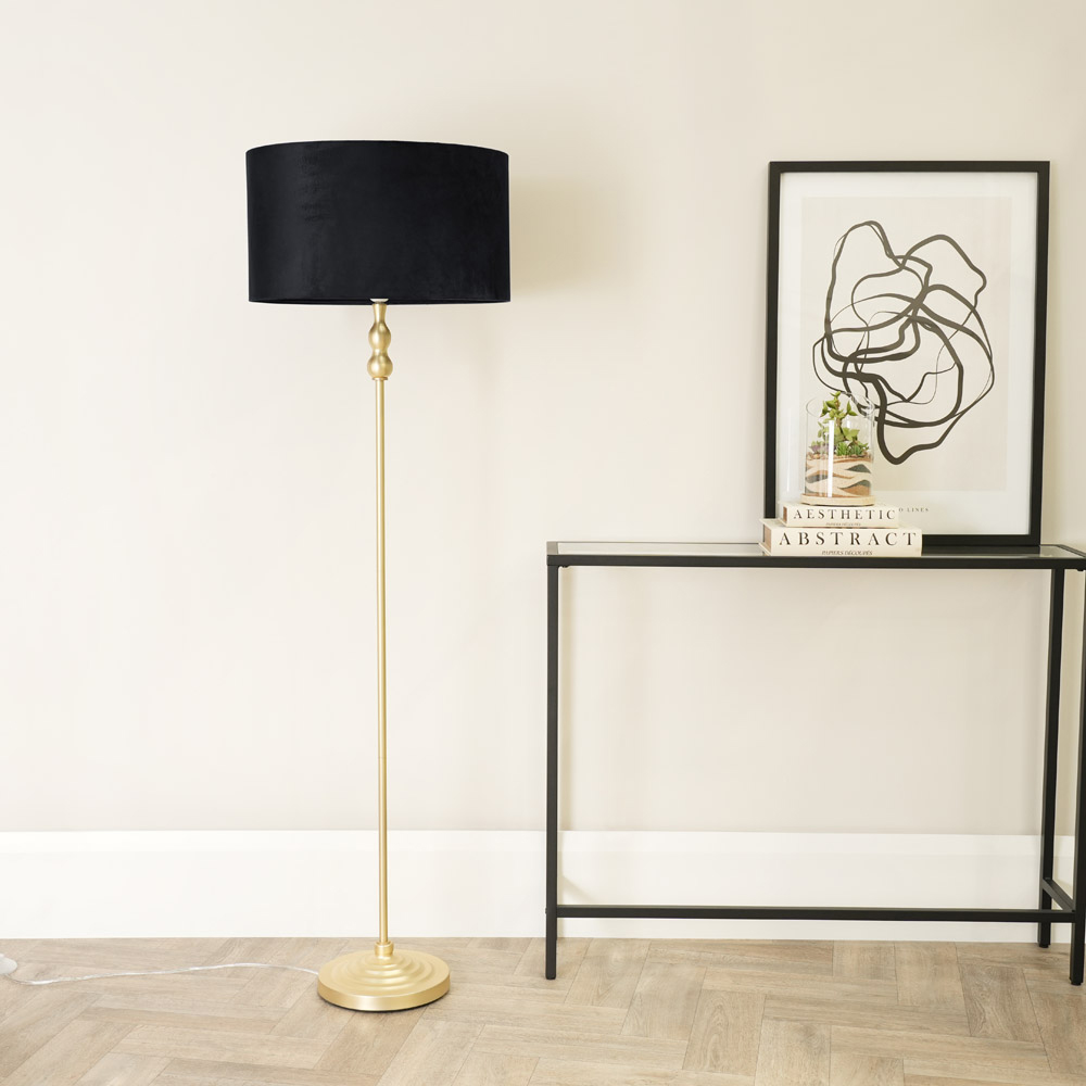ValueLights Maggie Black Velvet and Gold Drum Shade Candlestick LED Floor Lamp Image 3