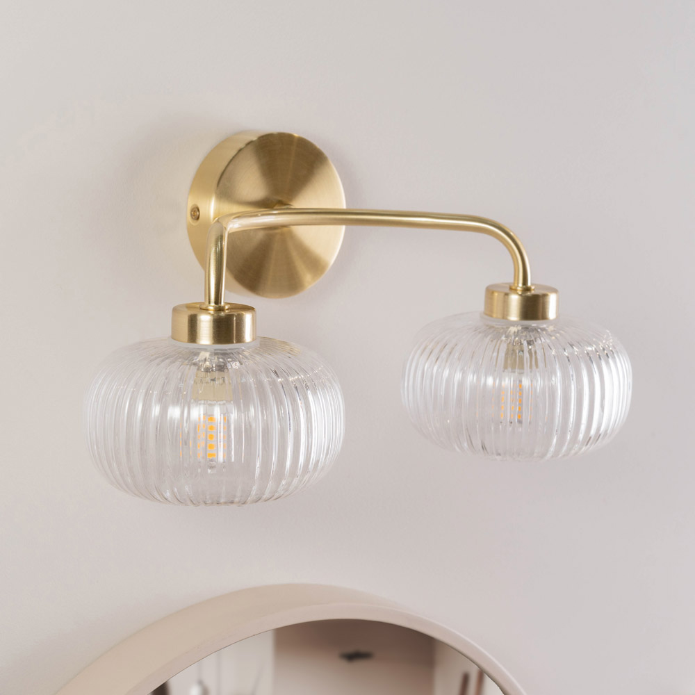 ValueLights Amaia Gold 2 Way Clear Ribbed Glass LED Wall Light 2 Pack Image 2