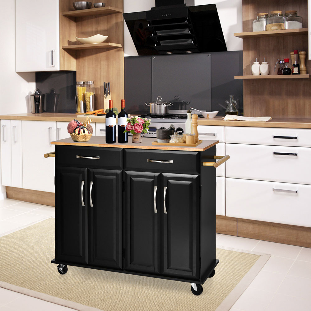 Costway 2 Door 2 Drawer Black Rubberwood Countertop Rolling Kitchen Island Cart Image 4