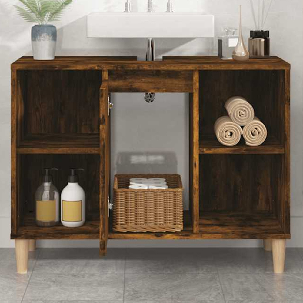 vidaXL Single Door 4 Open Shelf Smoked Oak Bathroom Sink Cabinet Image 1