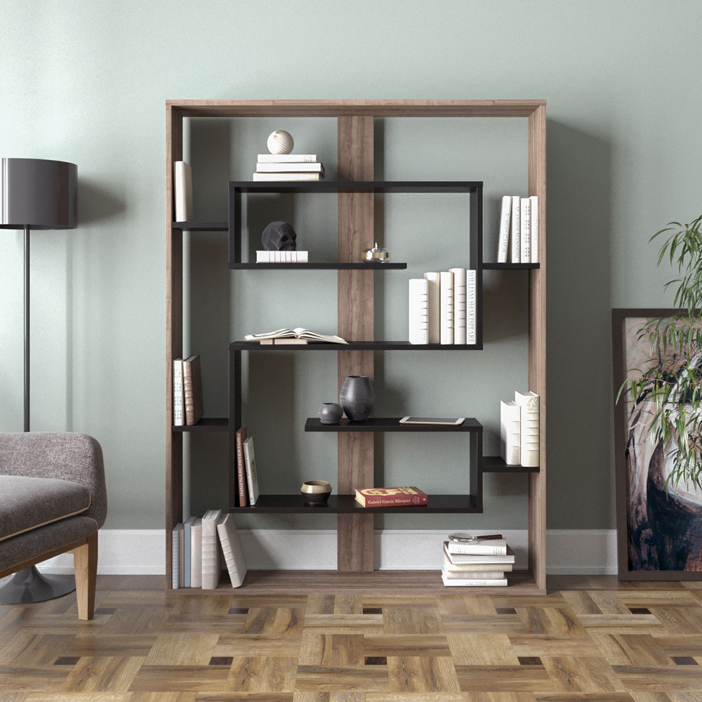Decorotika Esteban 10 Shelf Walnut and Black Geometric Bookcase Image 3
