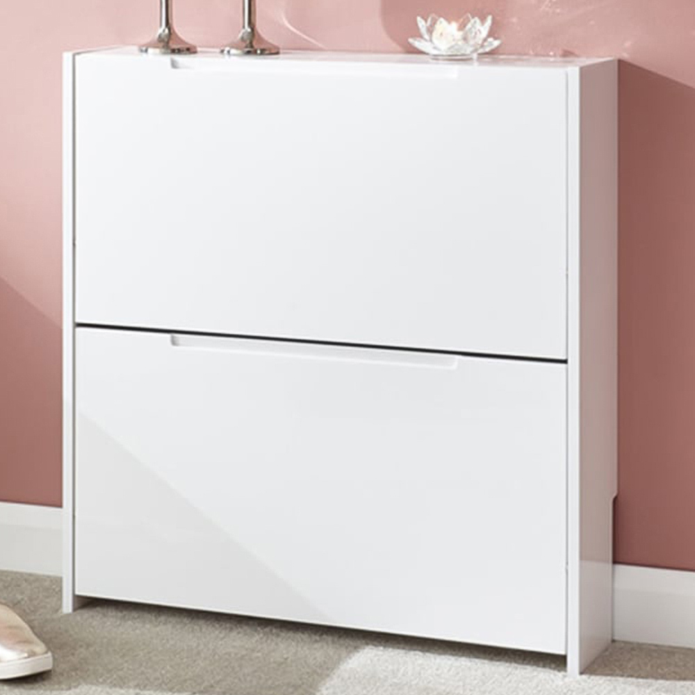 GFW 2 Tier White High Gloss Narrow Shoe Cabinet Image 1