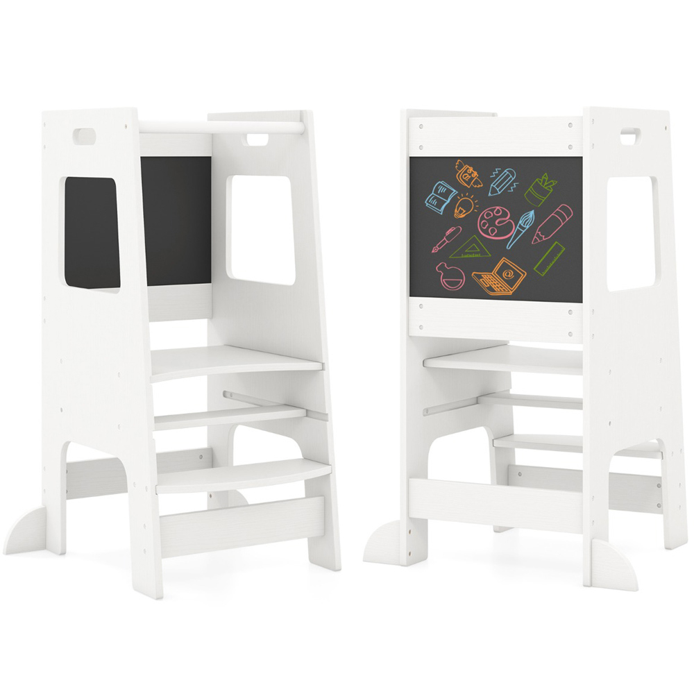 Costway White Adjustable Toddler Kitchen Step Stool with Activity Chalkboard Image 2