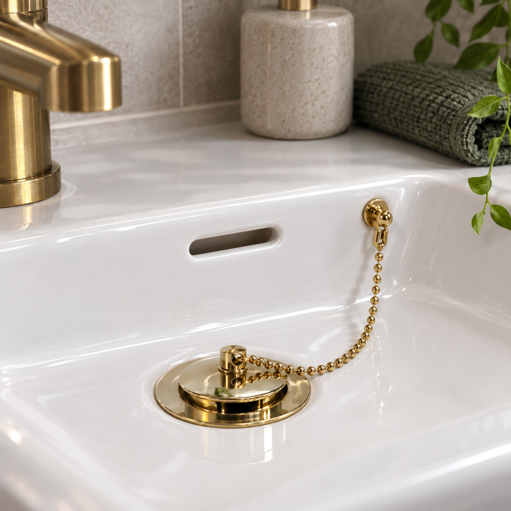 Go Bathrooms Brushed Gold Slotted Basin Waste with Plug and Chain Image 2