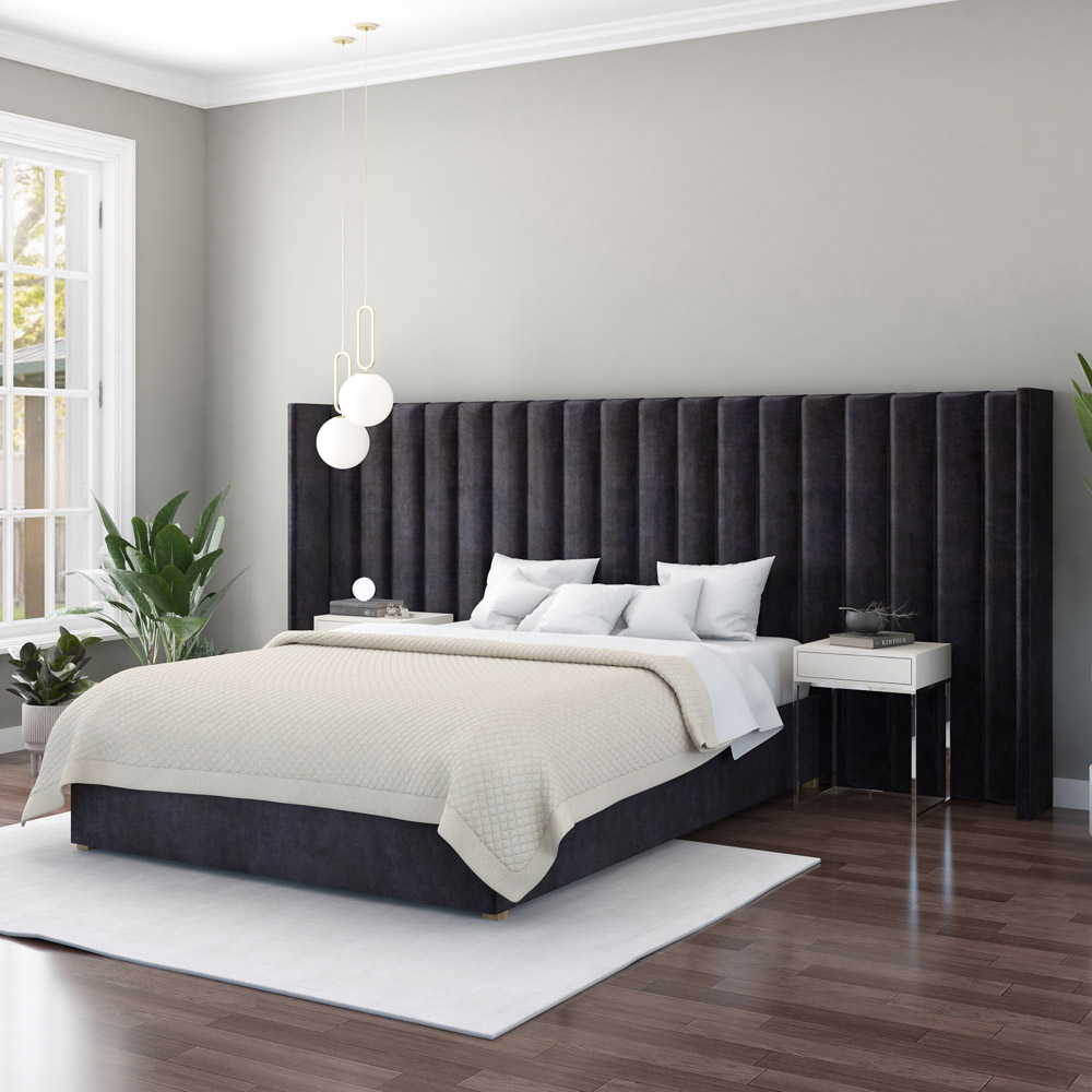 Aspire Furniture Grandeur Ebony Plush Velvet Wing Headboard Image 2