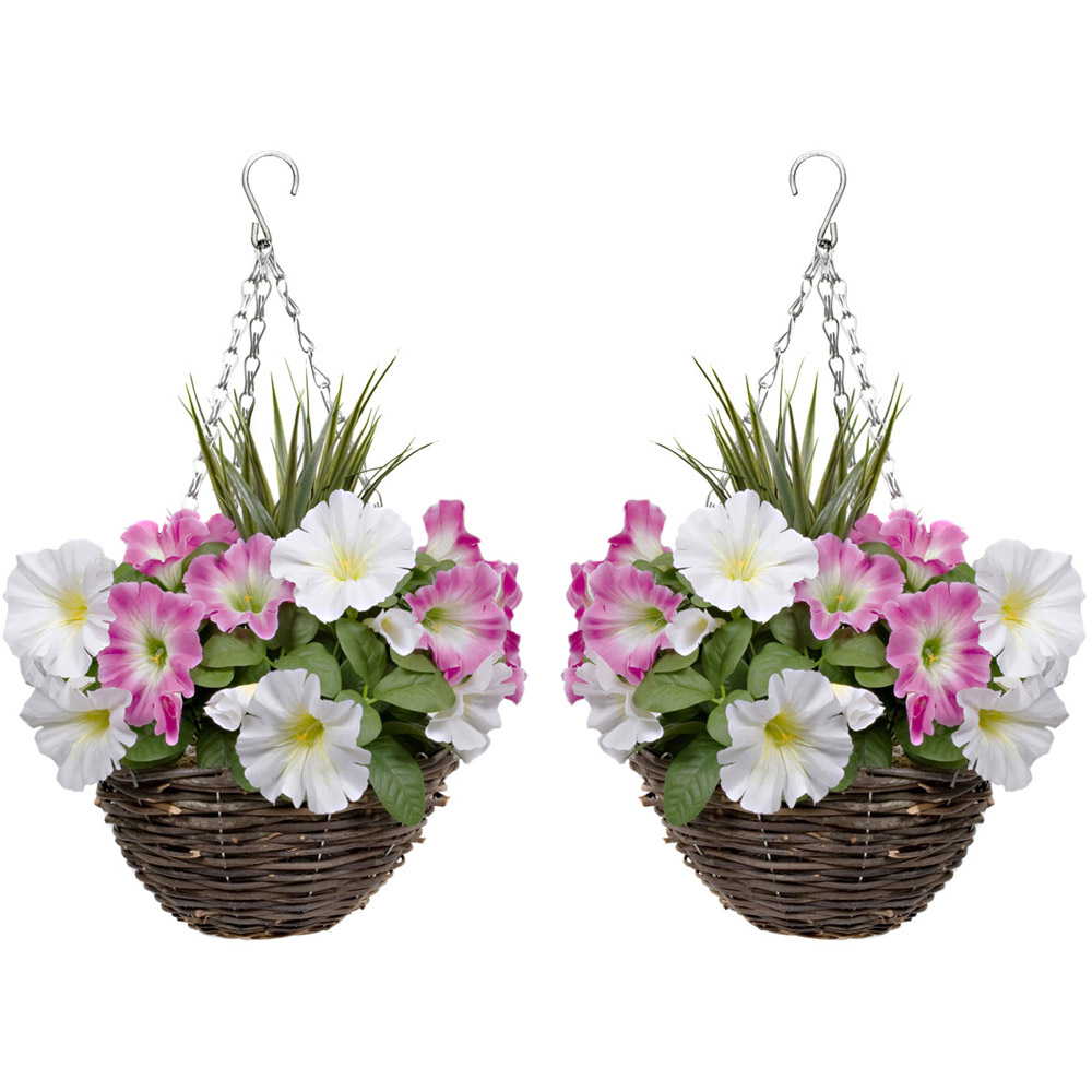 GreenBrokers Artificial Pink and White Petunias Round Rattan Hanging Plant Baskets 2 Pack Image 1