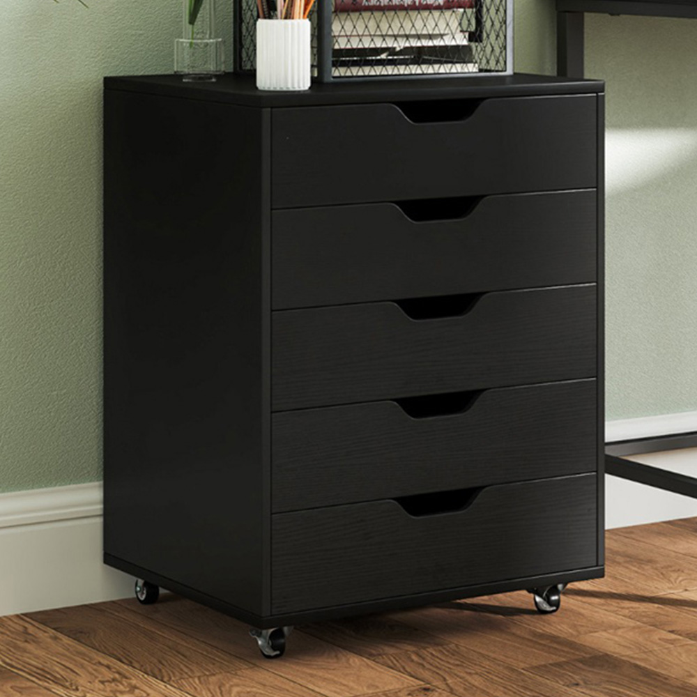 Costway 5 Drawer Black Chest of Drawers with Lockable Wheels Image 1