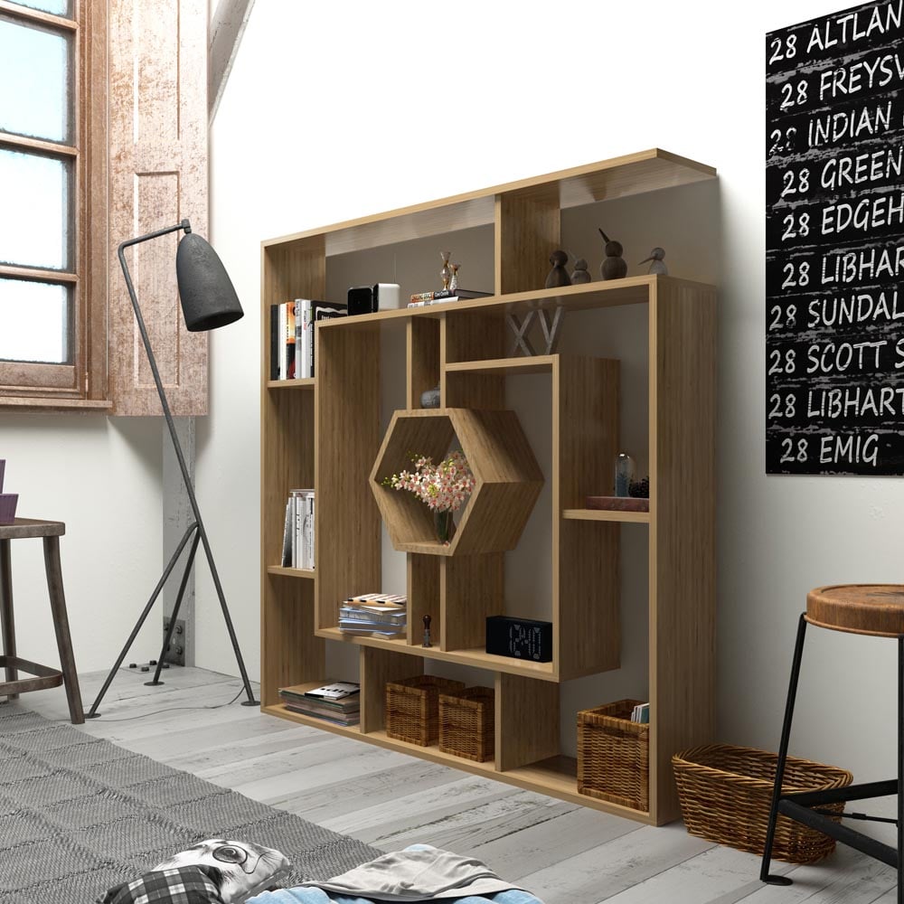 Decorotika Labrina 12 Shelf Oak Hexagonal Geometric Bookcase Image 4