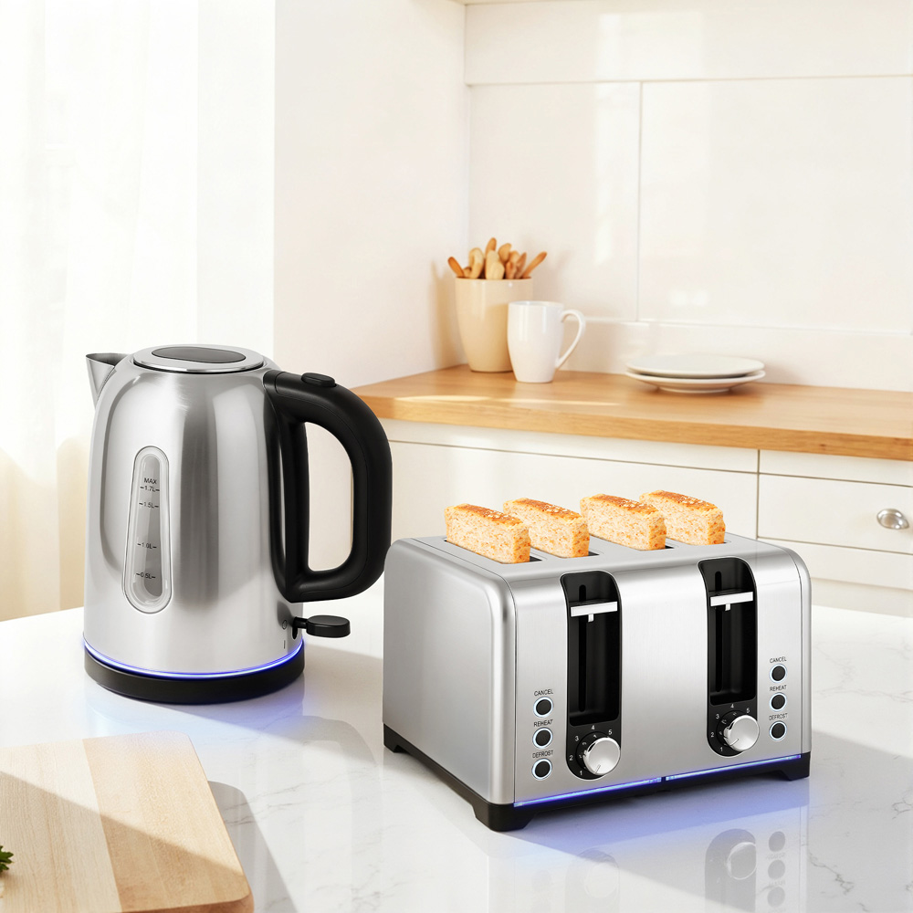 HOMCOM 800-290V70SR Silver Tone 1.7L Kettle and 4 Slice Toaster Set 3000W Image 2
