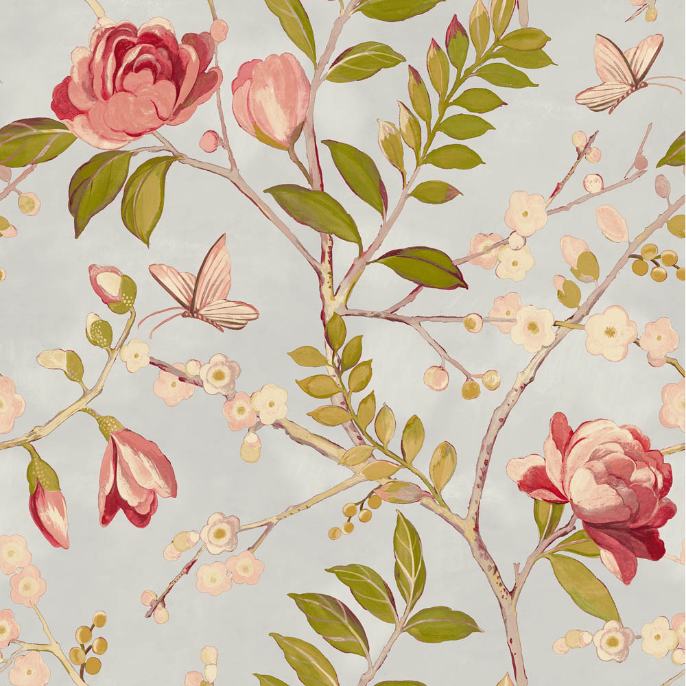 Grandeco Lola Painted Floral Trail Grey and Red Wallpaper Image 1
