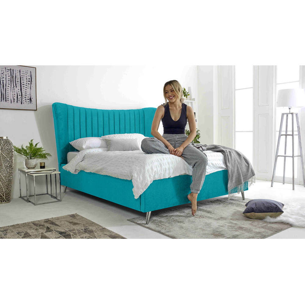 Eleganza Tatum Small Double Teal Plush Velvet Bed Frame with Headboard Image 6