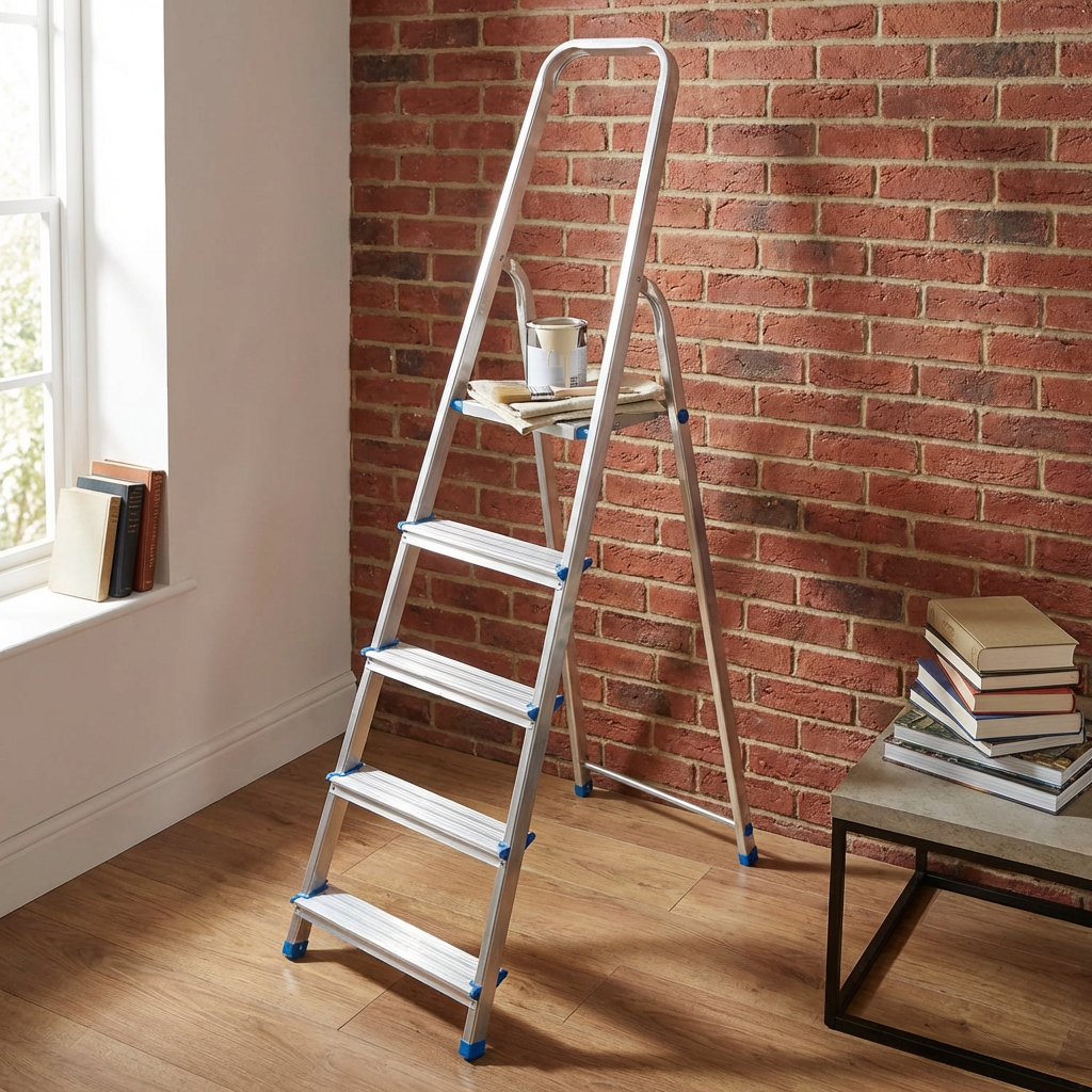 Aluminium 5 Step Single Sided Ladder with Pail Shelf Image 2