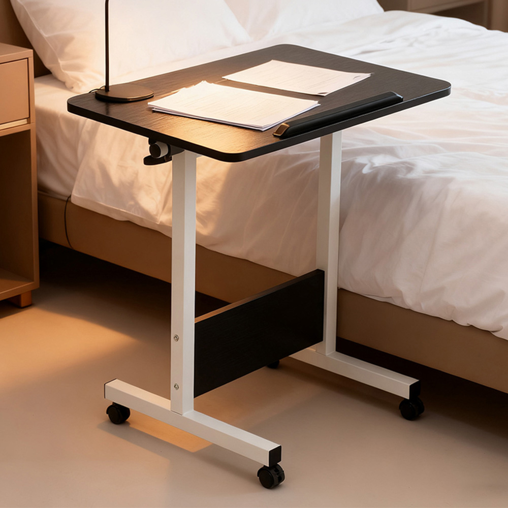Living and Home Black Adjustable Mobile Table with Foldable Top and Lockable Castors Image 1