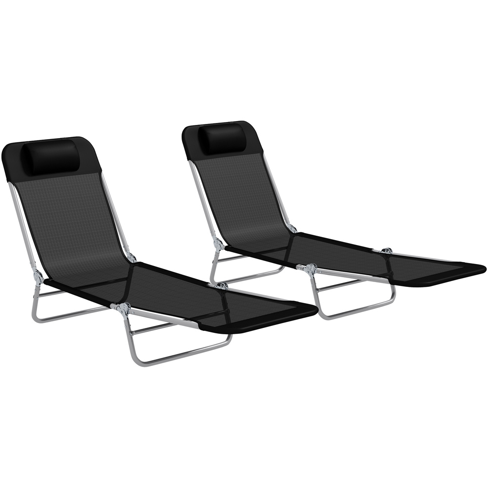 Outsunny Set of 2 Black Folding Sun Lounger with Headrest Image 2