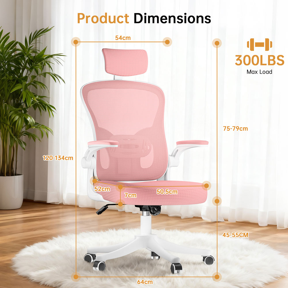 Rattrix Pink Mesh Height Adjustable Ergonomic Office Chair with Flip-Up Arms and Lumbar Support Image 7