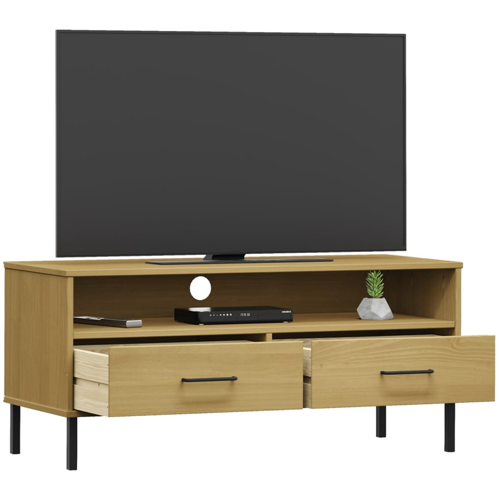 vidaXL Oslo 2 Drawer Single Shelf Brown Solid Pine Wood TV Cabinet Image 3
