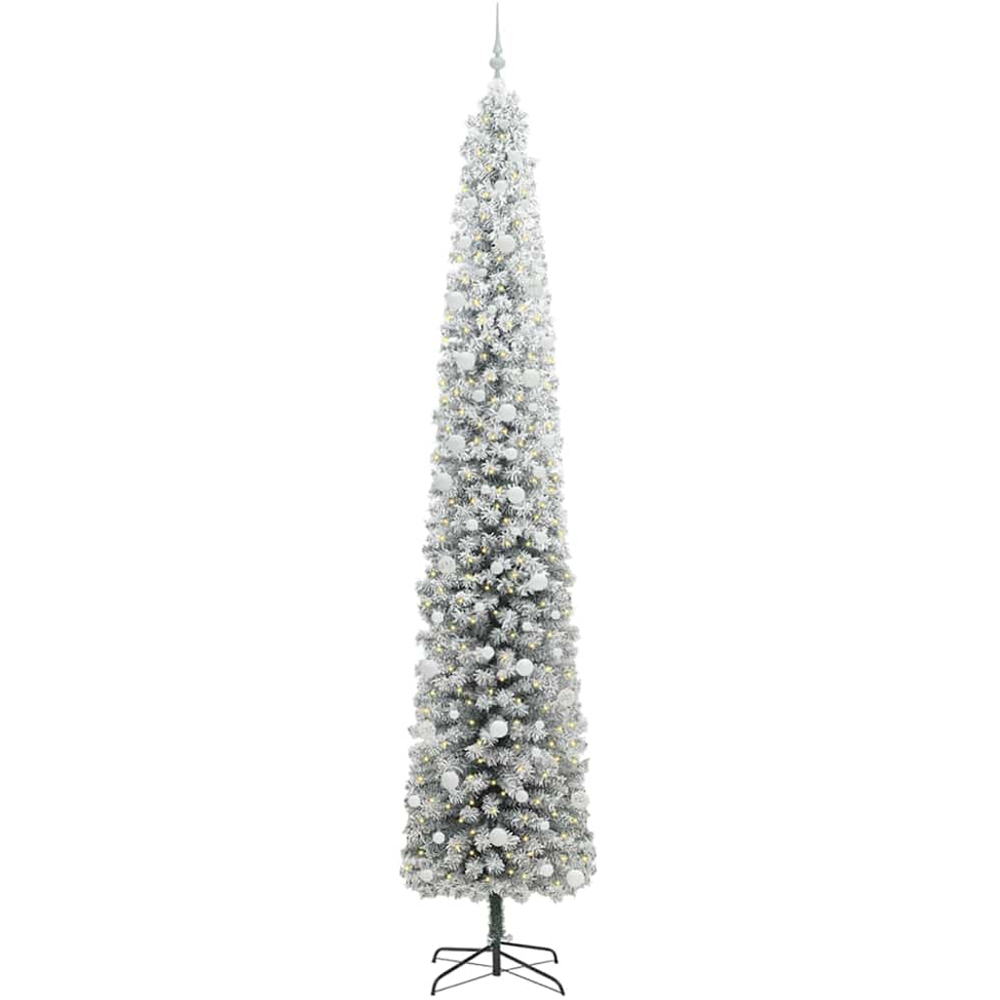 vidaXL 300 LED Pre-Lit White Baubles Green Artificial Snow Flocked Christmas Tree 9ft Image 1