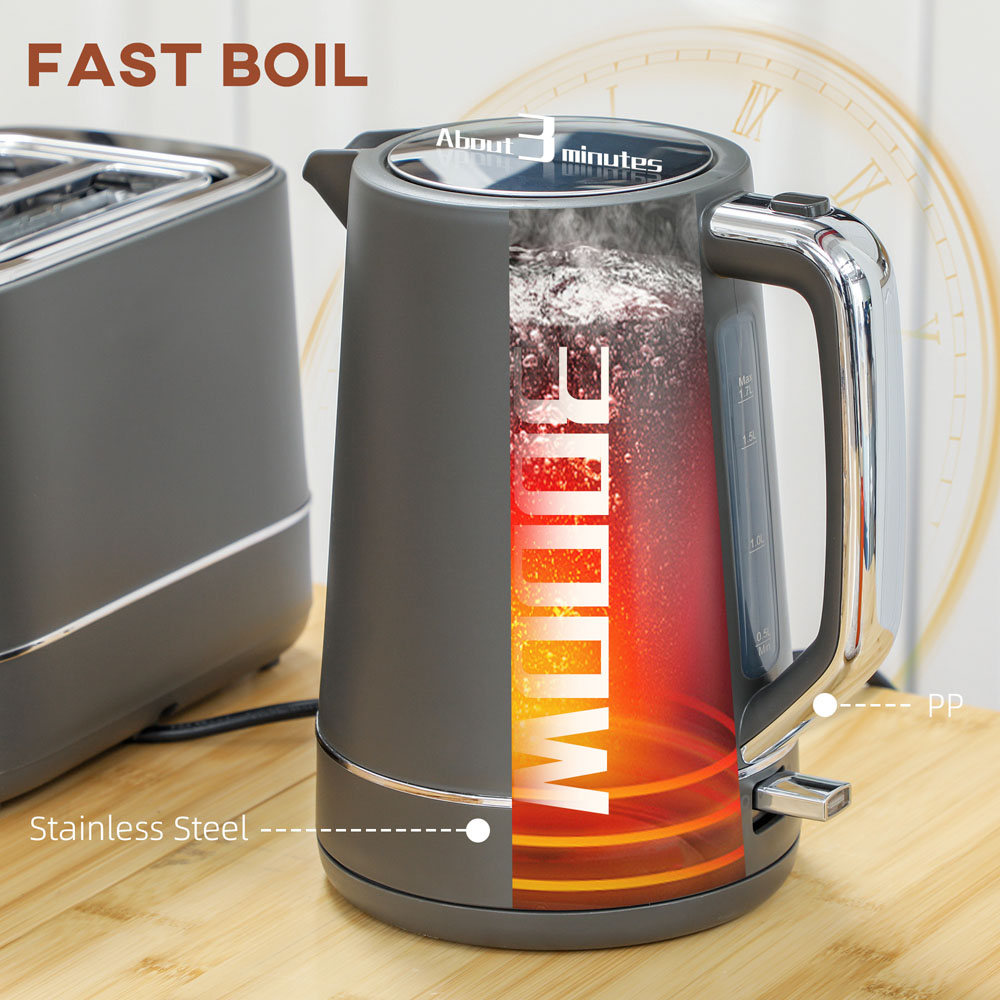 HOMCOM 800-232V70GY Grey 1.7L Fast Boil Electric Kettle 3000W and 2 Slice Toaster Set Image 8