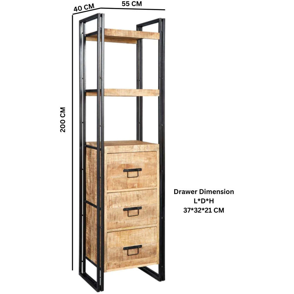 Brooklyn Carnaby 3 Drawer 3 Shelf Industrial Slim Bookcase Image 6