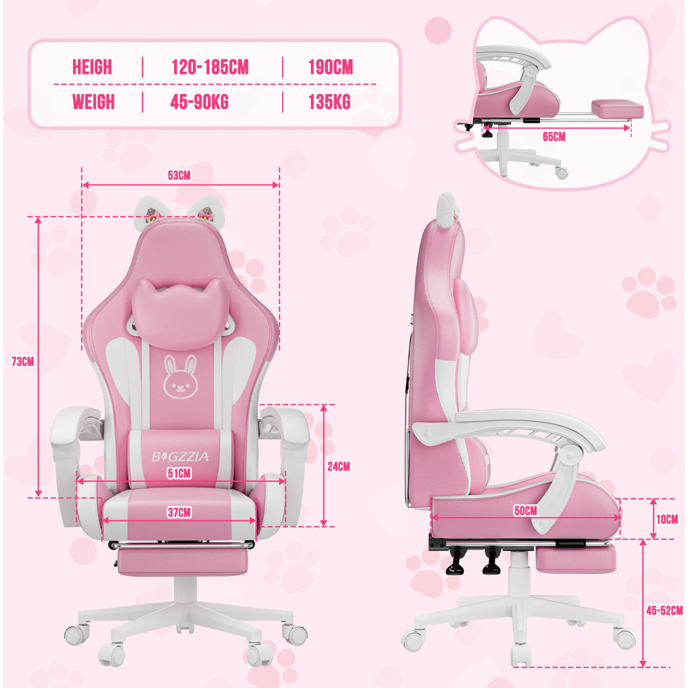 Rattrix Pink Cat Ears Gaming Chair with Massage Lumbar Support and Footrest Image 8