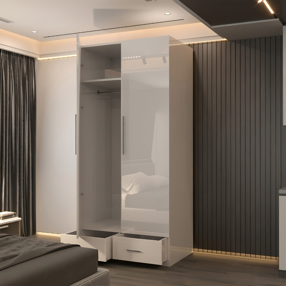 Sliding Wardrobes 4U 2 Door 2 Drawer White High Gloss Hinge Door Wardrobe 90cm Image 3