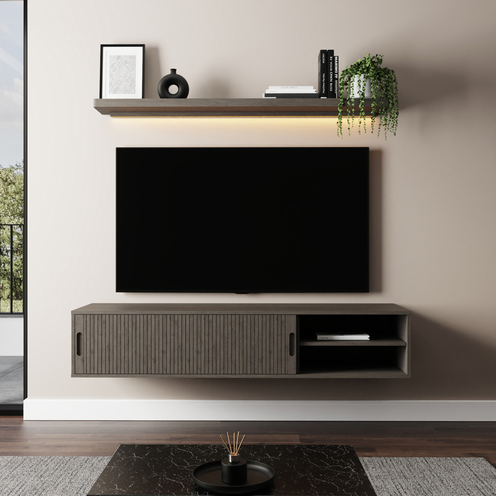 GFW Nina 2 Door 2 Shelf Grey Wall Mounted TV Unit with LED Wall Shelf Image 8