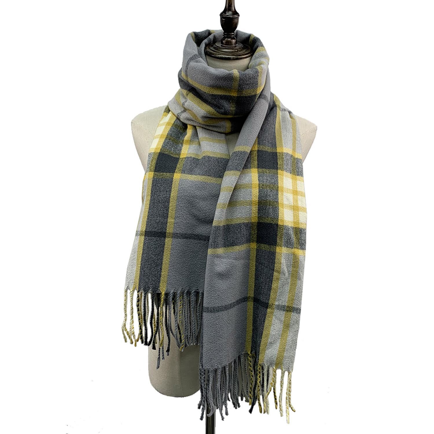 Ladies Checked Scarf - Grey and Yellow Image