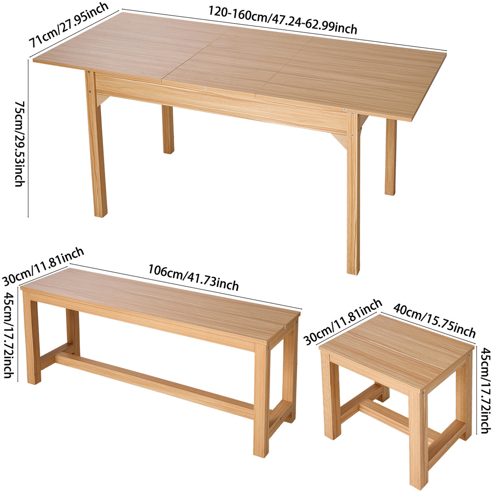 Living and Home 6 Seater 120-160cm Extendable Dining Bench Set Original Wood Image 9