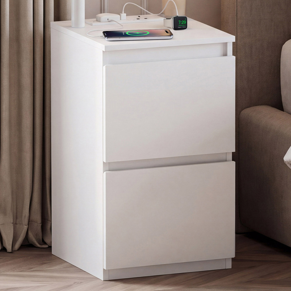 VIDA DESIGNS Denver 2 Drawer White Bedside Chest with Power Outlet Image 1
