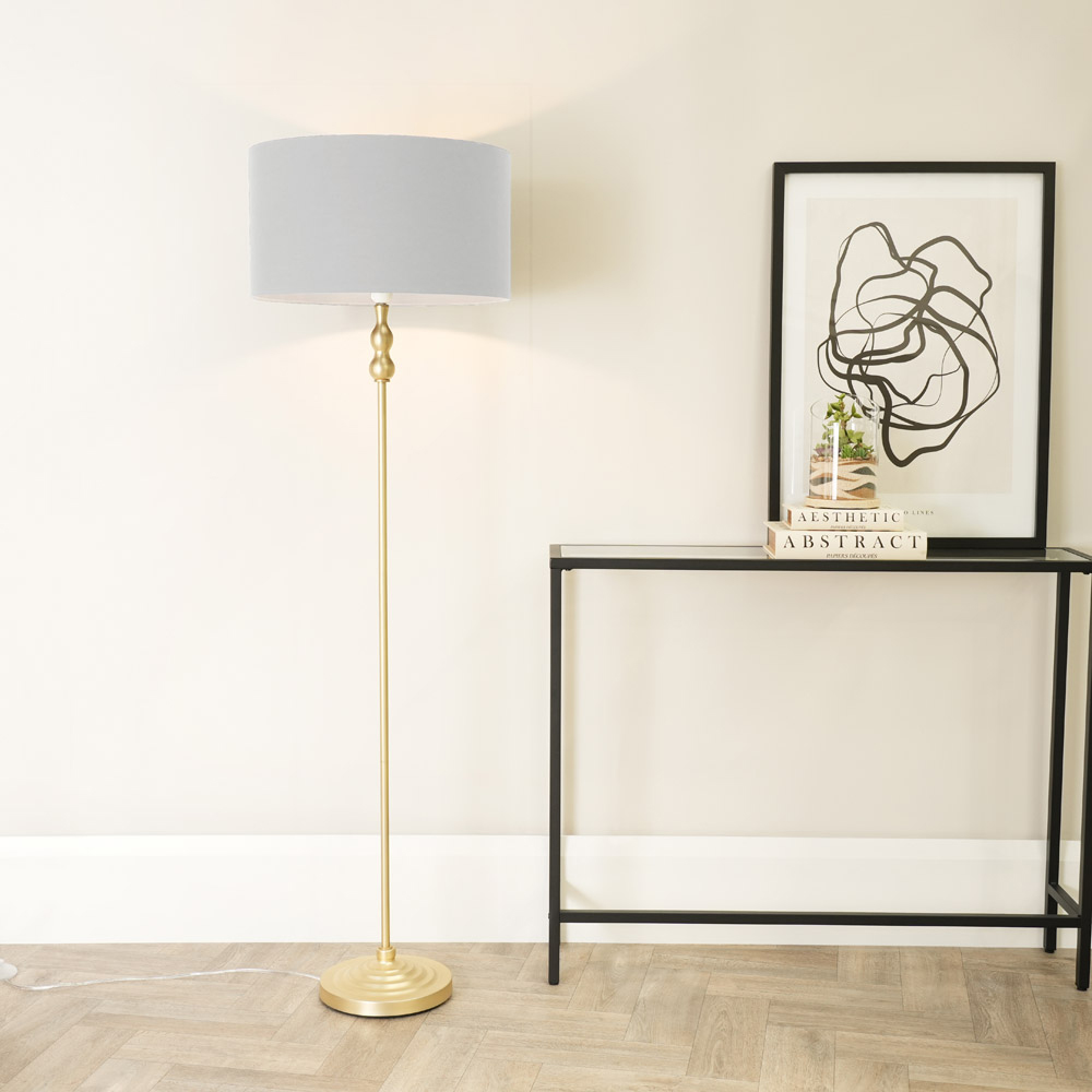 ValueLights Maggie Grey and Gold Drum Shade Candlestick LED Floor Lamp Image 2
