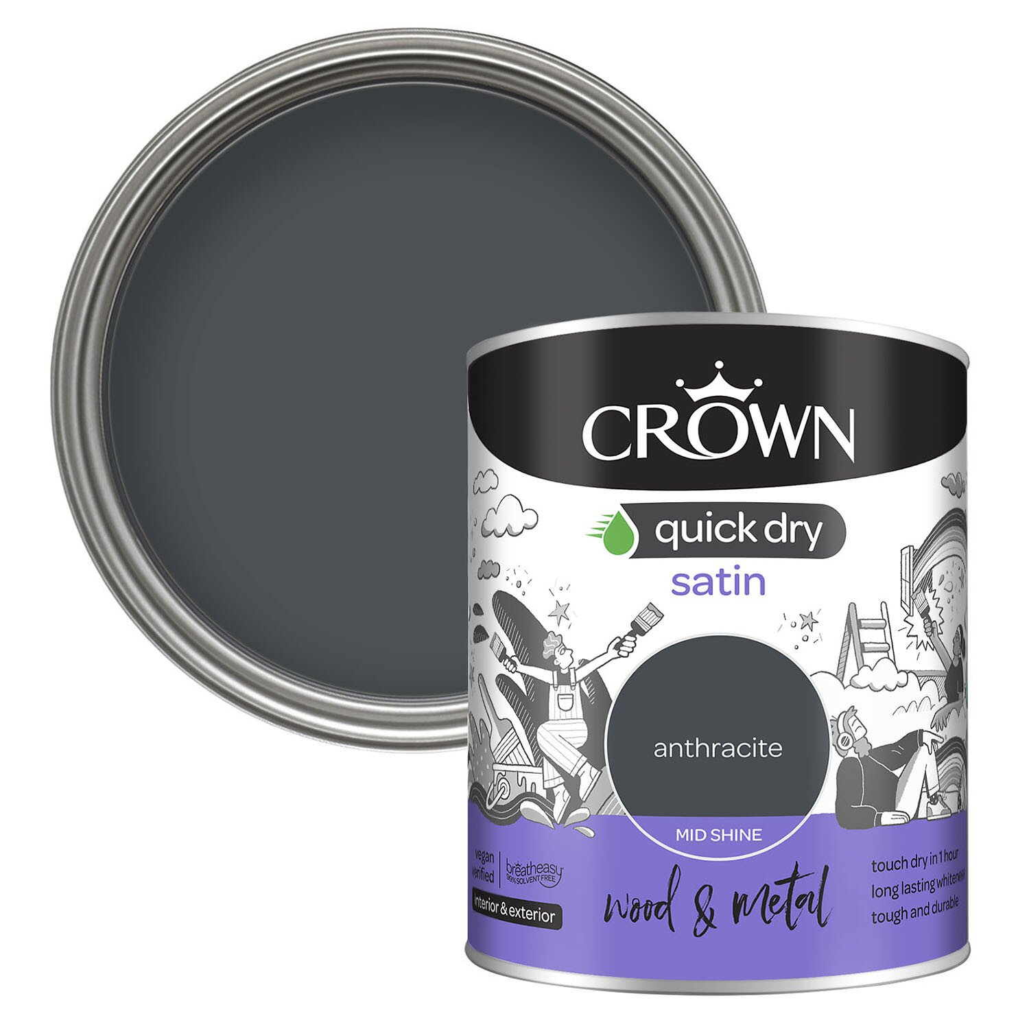 Crown Quick Dry Satin Wood and Metal Paint - Anthracite Image 1