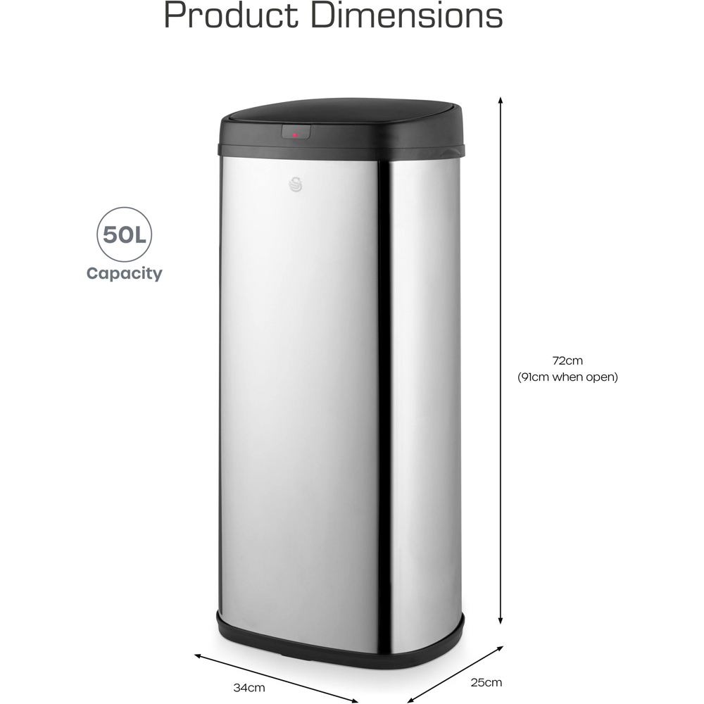 Swan Silver and Black Stainless Steel Square Sensor Bin 50L Image 8