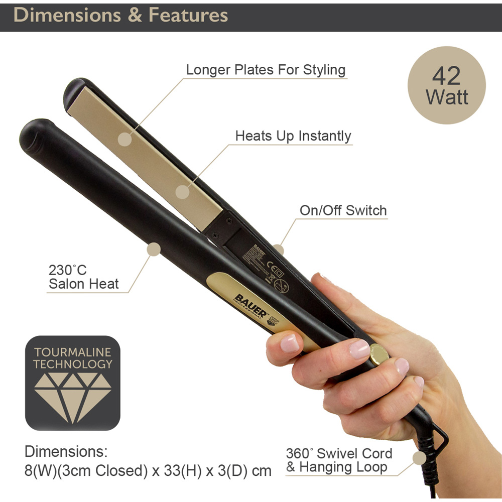 Bauer Professional Tourmaline Black Hair Straightener Image 8