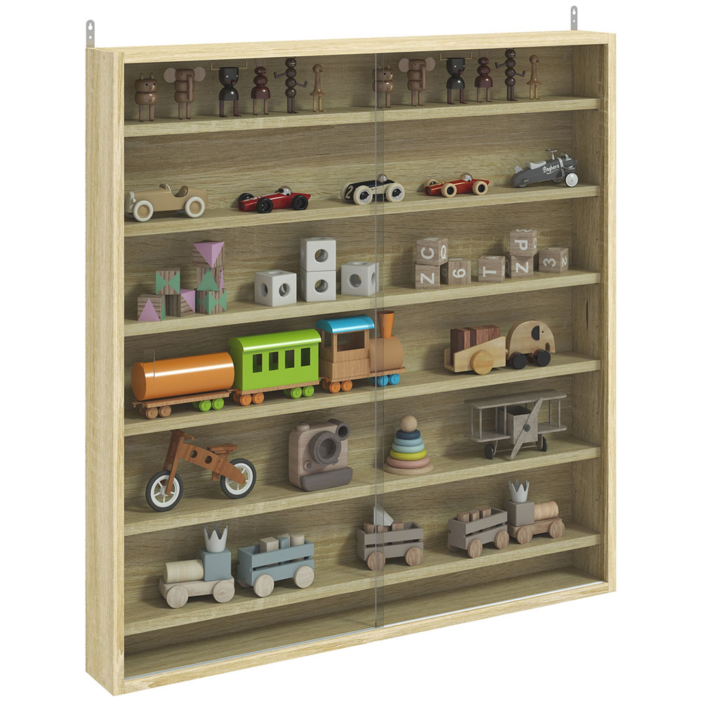 HOMCOM 7-Tier Glass Doors Oak Wall Display Cabinet Image 2