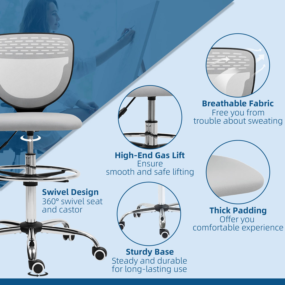 Portland Light Grey Draughtsman Office Chair with Wheels Image 6