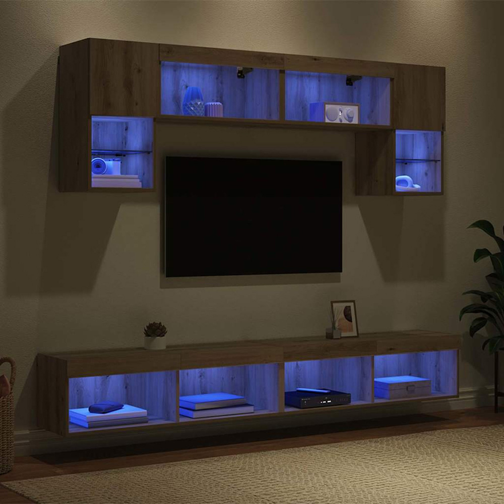 vidaXL 2 Door 10 Shelf Artisan Oak Wall Mounted TV Unit with LED Lights Image 5