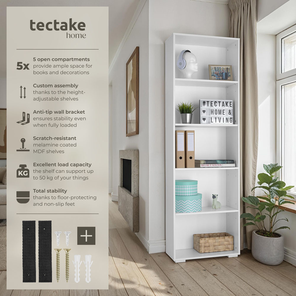 Tectake Lexi 5 Shelf White Bookshelf Image 6