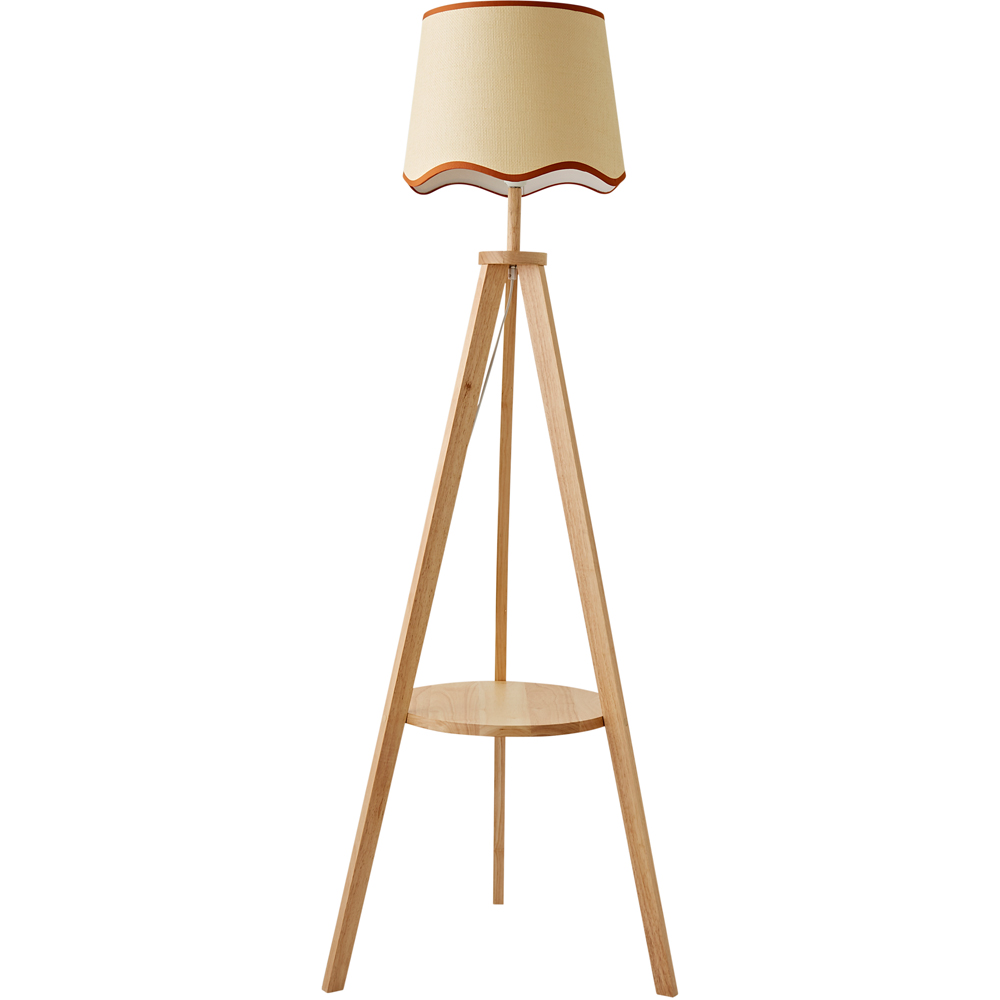 ValueLights Morrigan Natural Wood Shelf Rust Trim Scallop Shade Tripod Floor Lamp with Bulb Image 1