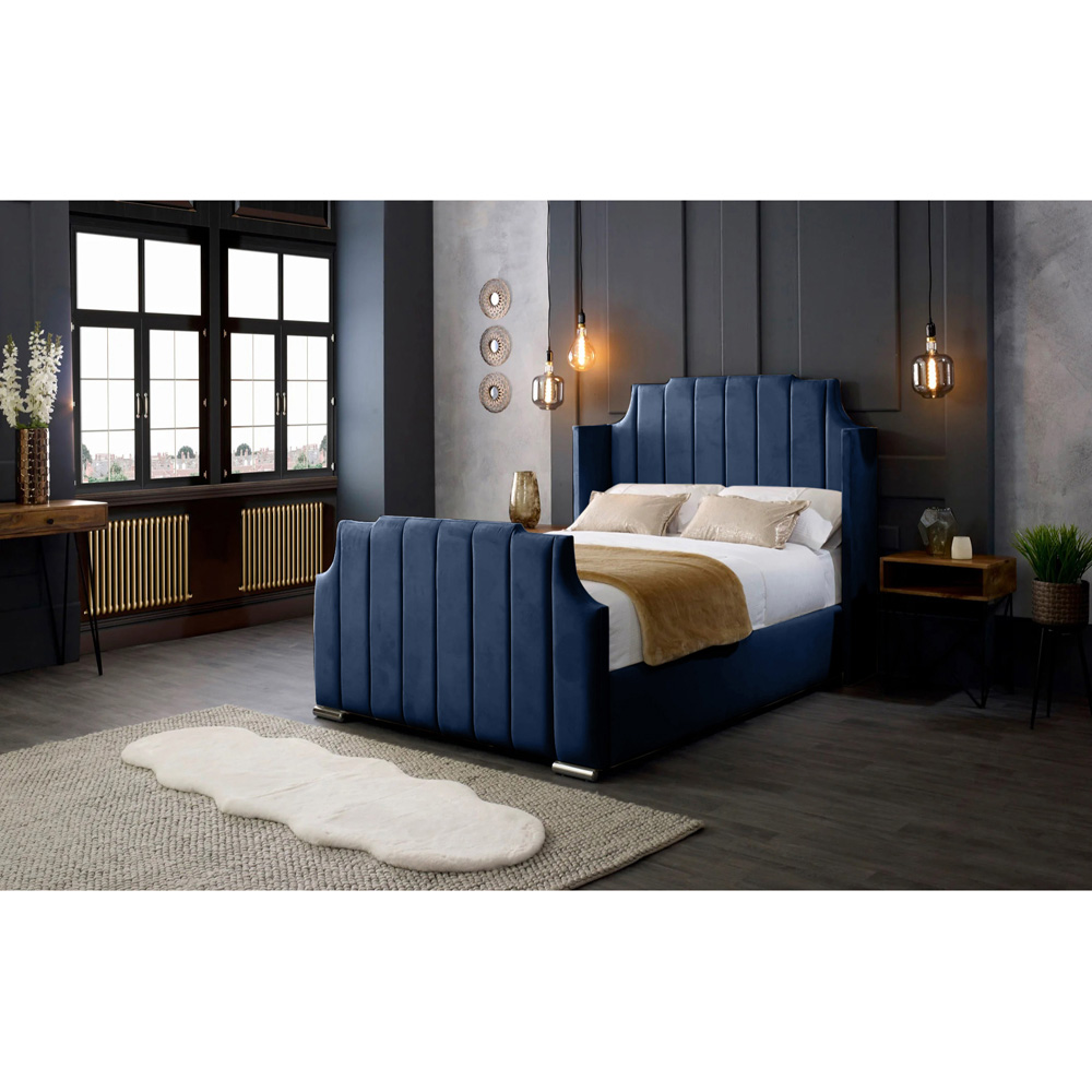 Eleganza Home Nelly Super King Size Blue Plush Velvet Bed Frame with Winged Headboard Image 4