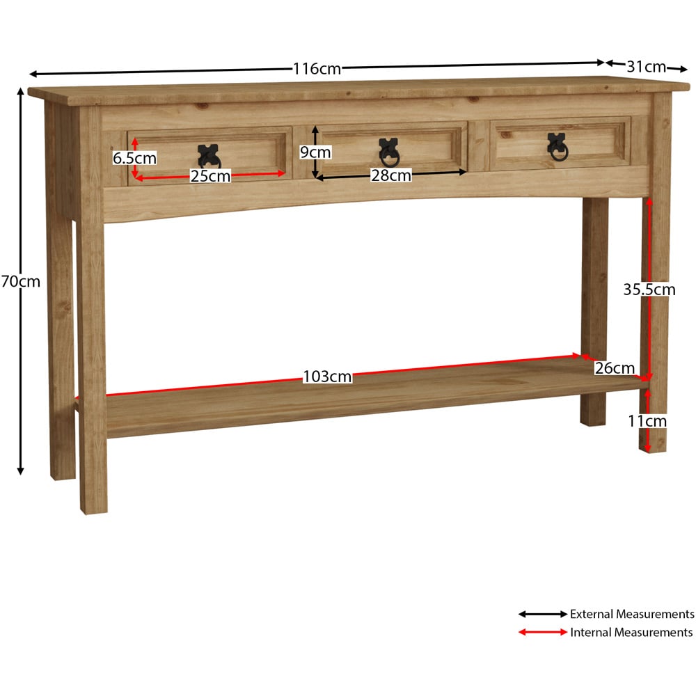 Home Vida Corona 3 Drawer Solid Pine Console Table Image 8