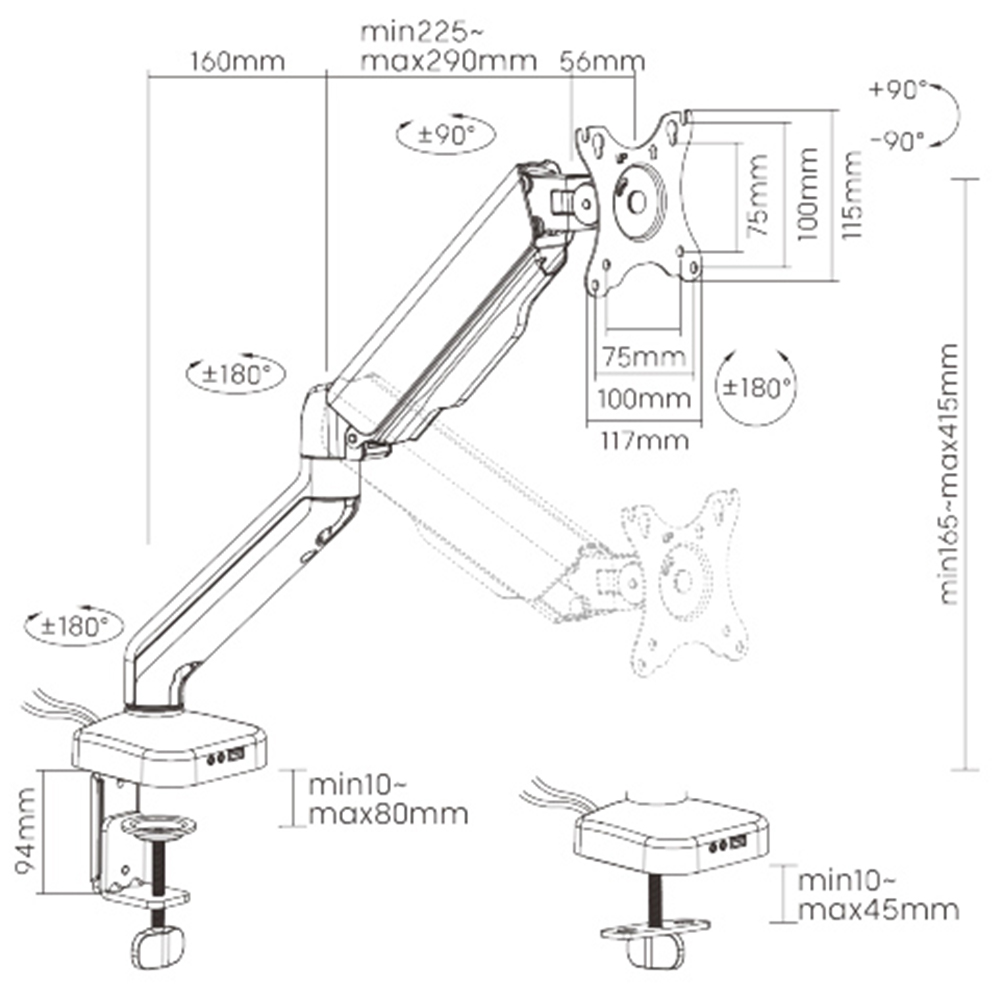 ProperAV 13 to 27 Inch Gas Spring Pneumatic Arm Monitor Mount Image 9