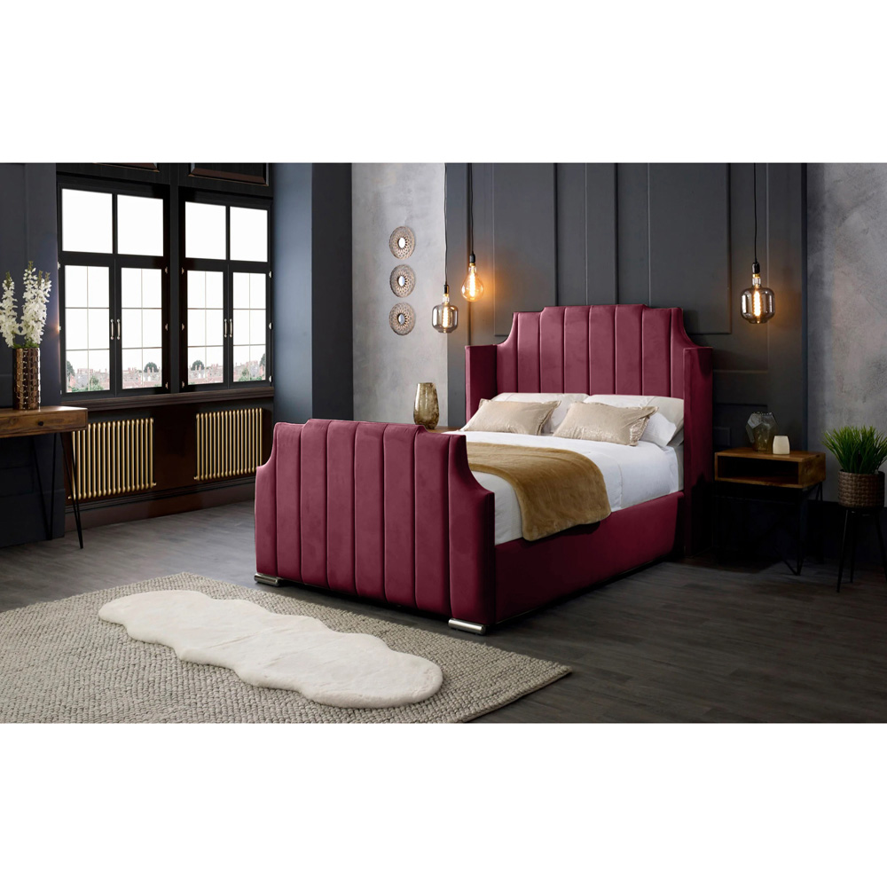 Eleganza Home Nelly Double Maroon Plush Velvet Bed Frame with Winged Headboard Image 4