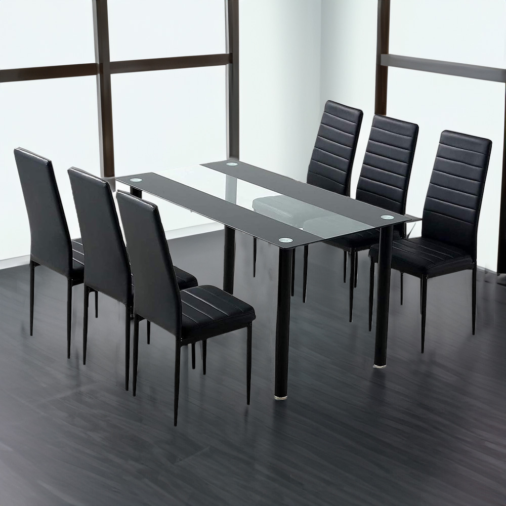 Portland Glass 6 Seater Leather Dining Set Black Image 1