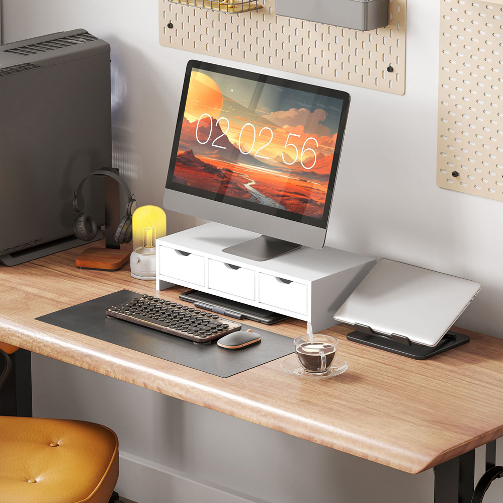 HOMCOM 3 Drawer White Monitor Stand Riser Image 2