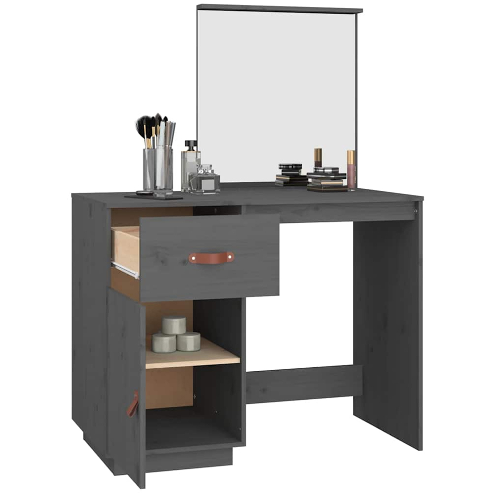 vidaXL Single Door Single Drawer Grey Solid Wood Pine Dressing Table with Mirror Image 5