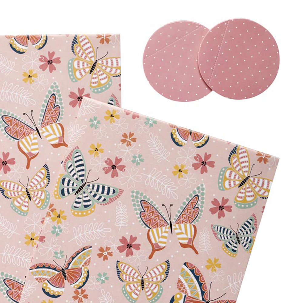 Wilko Pink Butterfly Gift Wrap 2 Sheets and 2 Tags Image 2