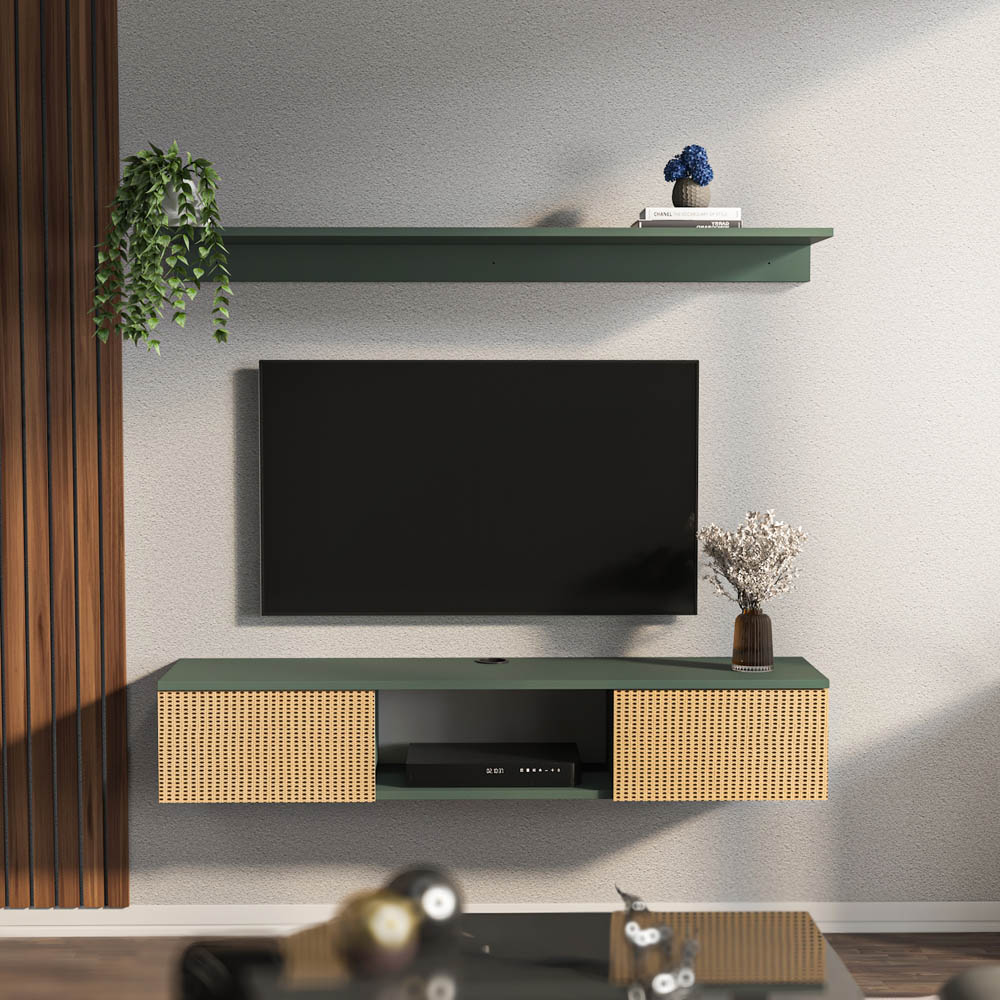 Decorotika Elia 2 Door Single Shelf Silva and Hazeran Floating TV Unit with Wall Shelf Image 6